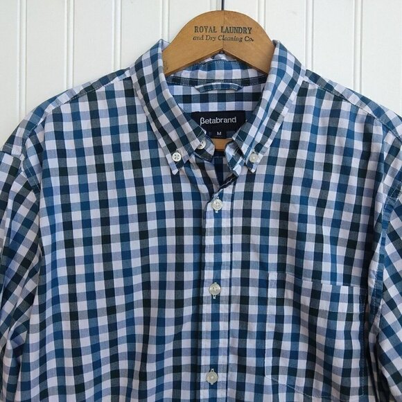 Betabrand Men's Gingham Button Down Shirt Size M Blue Green Check Cotton Stretch - Picture 2 of 12